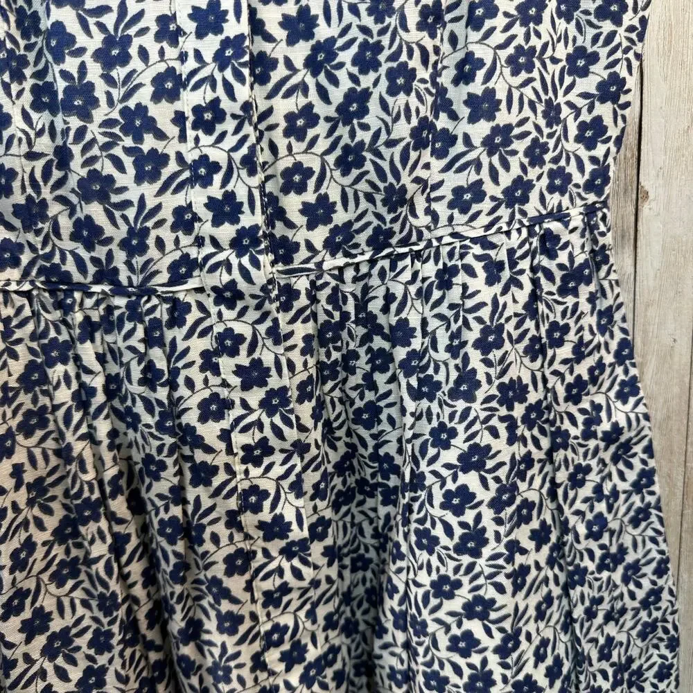 J. Crew Fit & Flare Linen‎ Dress Womens Size 0 White Blue Floral Pleated Pockets